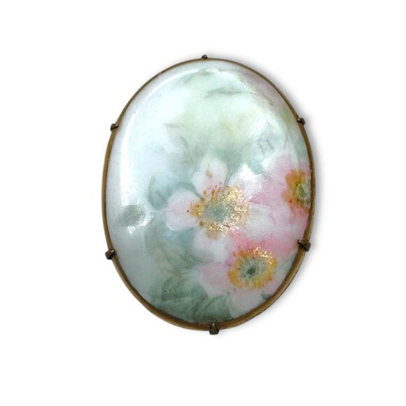 Unsigned Jewelry - Antique Porcelain Cherry Blossom Brass Brooch